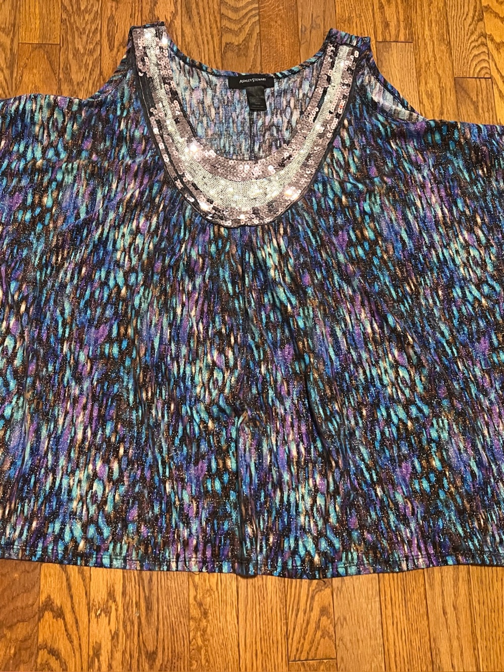 Ashley Stewart Blue and Purple Sequin-Trim Sleeveless Tunic